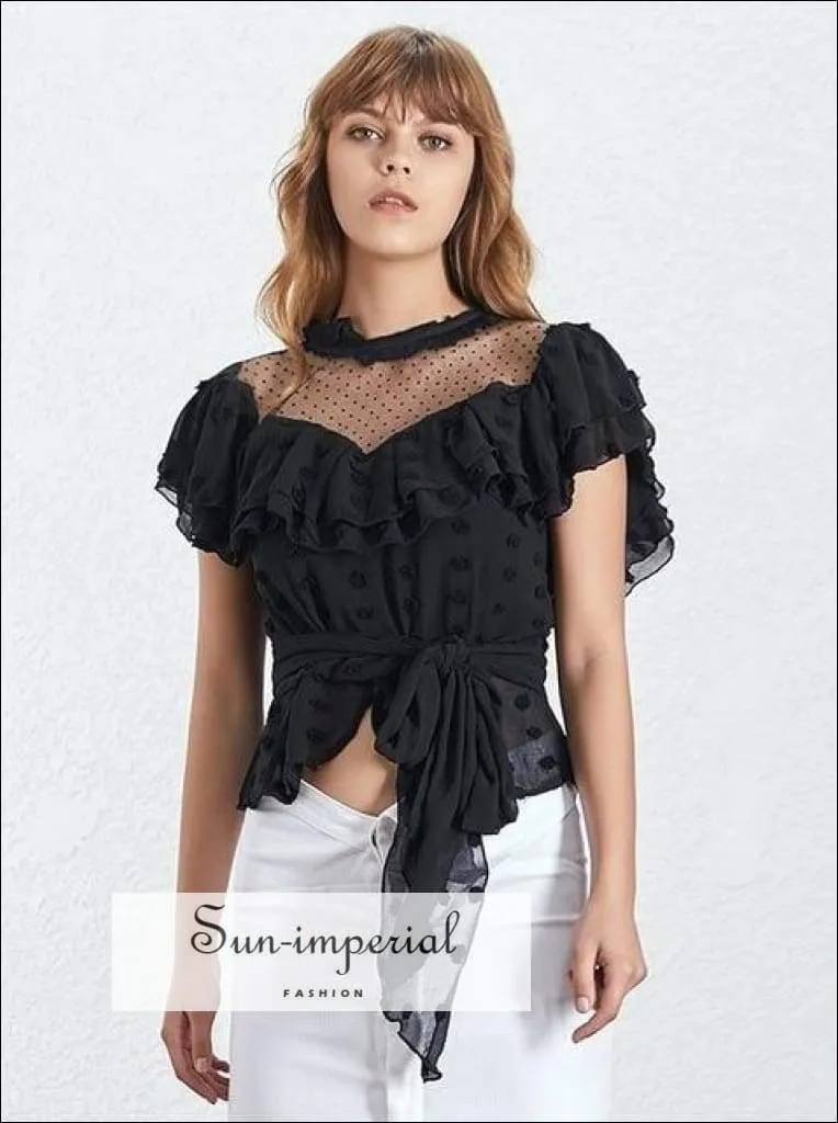 Becky top - Vintage Solid Chiffon Shirt for Women Short Sleeve Ruffles Asymmetrical Hem Polka Dot