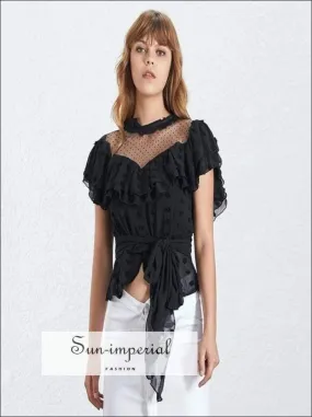 Becky top - Vintage Solid Chiffon Shirt for Women Short Sleeve Ruffles Asymmetrical Hem Polka Dot