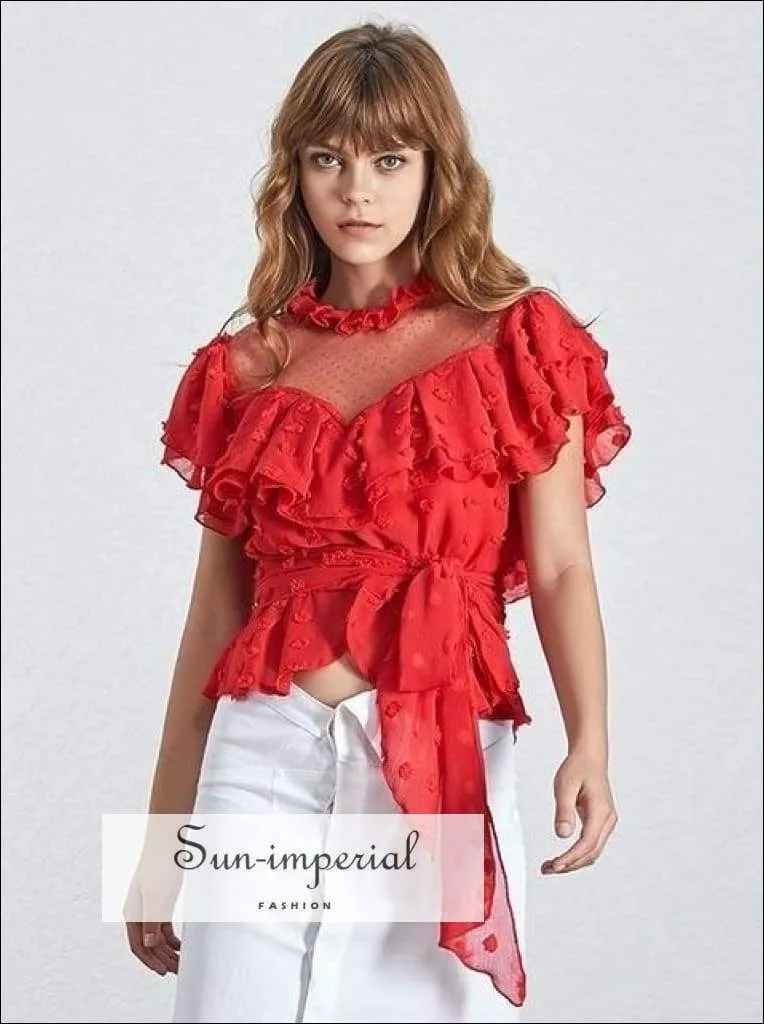 Becky top - Vintage Solid Chiffon Shirt for Women Short Sleeve Ruffles Asymmetrical Hem Polka Dot