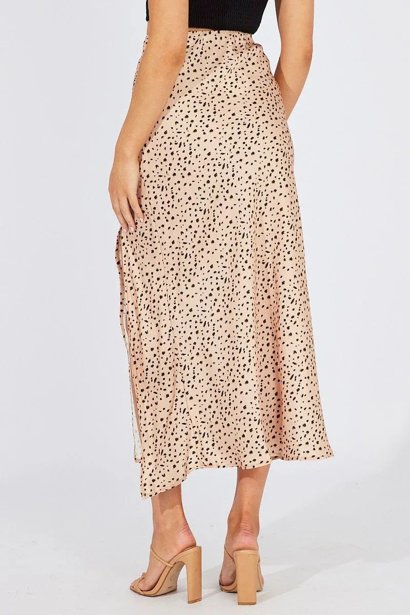 Beige Animal Print Slip Skirt Front Split Satin