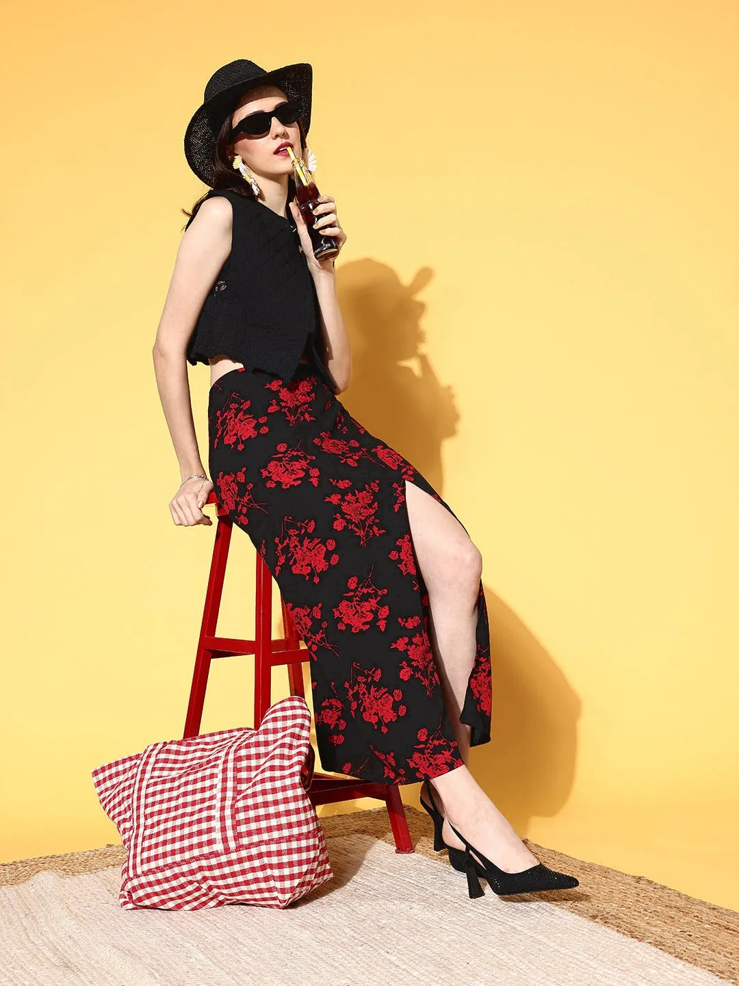 Berrylush Women Black & Red Floral Printed Thigh-High Slit Flared A-Line Midi Skirt