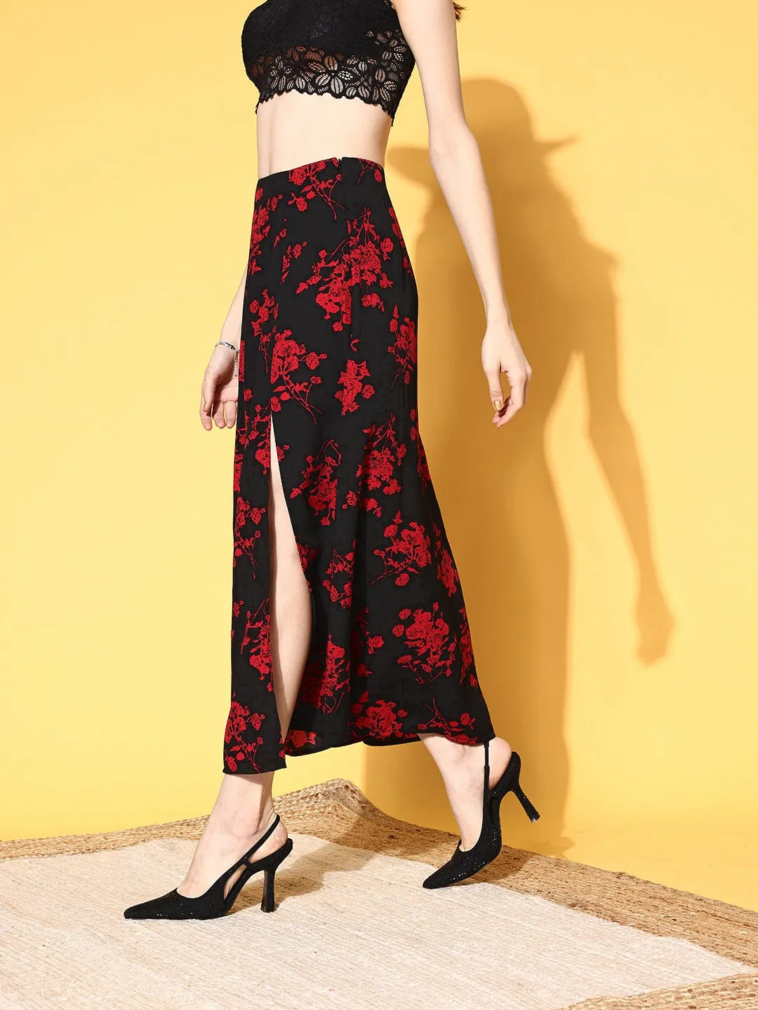 Berrylush Women Black & Red Floral Printed Thigh-High Slit Flared A-Line Midi Skirt