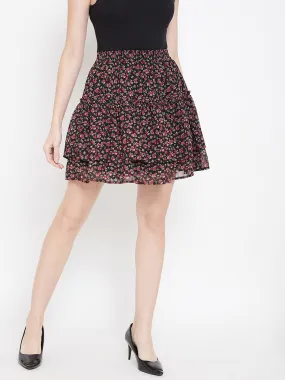 Berrylush Women Black Floral Print Layered Slip-On Mini Skirt