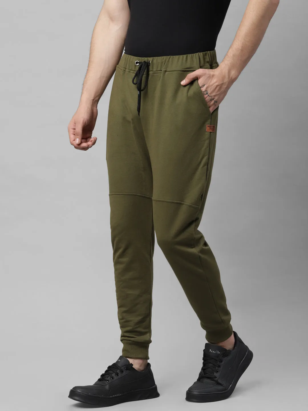 Black and Olive Green Pack of 2 Cut & Sew Ankle Length Regular Fit Terry Jogger