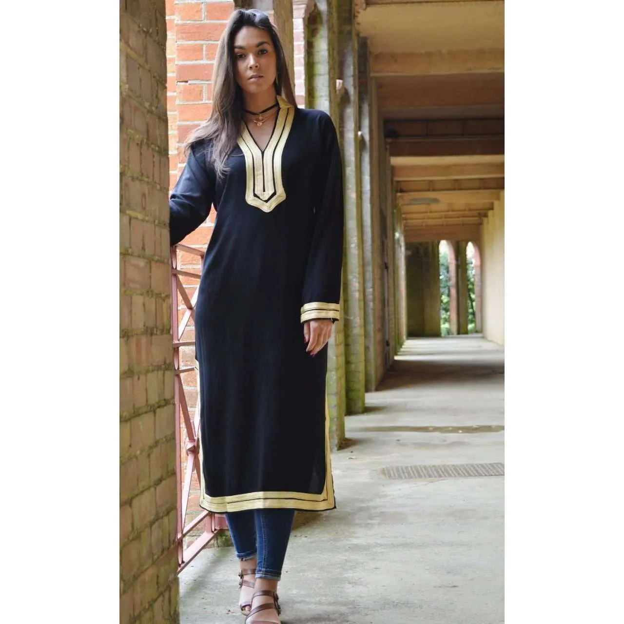 Black Kaftan Mariam Style - Moroccan Embroidered Cotton Kaftan