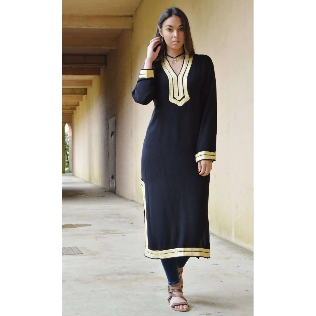 Black Kaftan Mariam Style - Moroccan Embroidered Cotton Kaftan