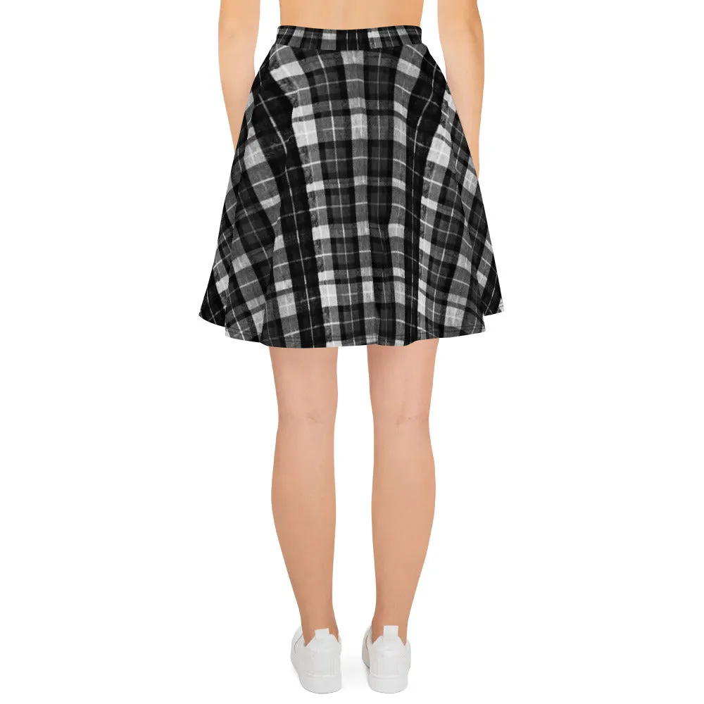 Black Plaid Women's Skater Skirt, Tartan Print Elastic Skirt For Women-Made in USA/EU