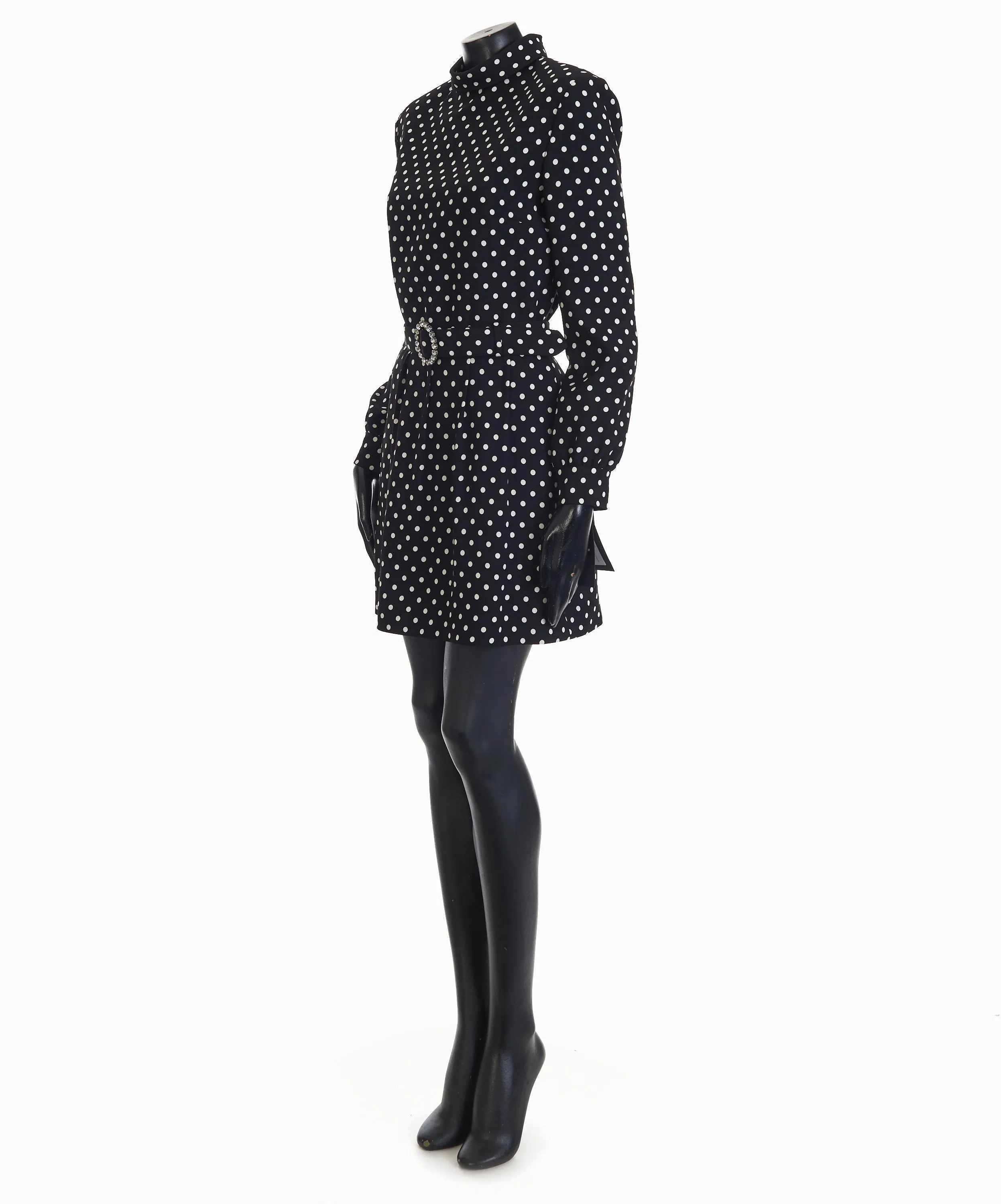 Black Short Polka Dot Dress - Crystal Embellished Belt