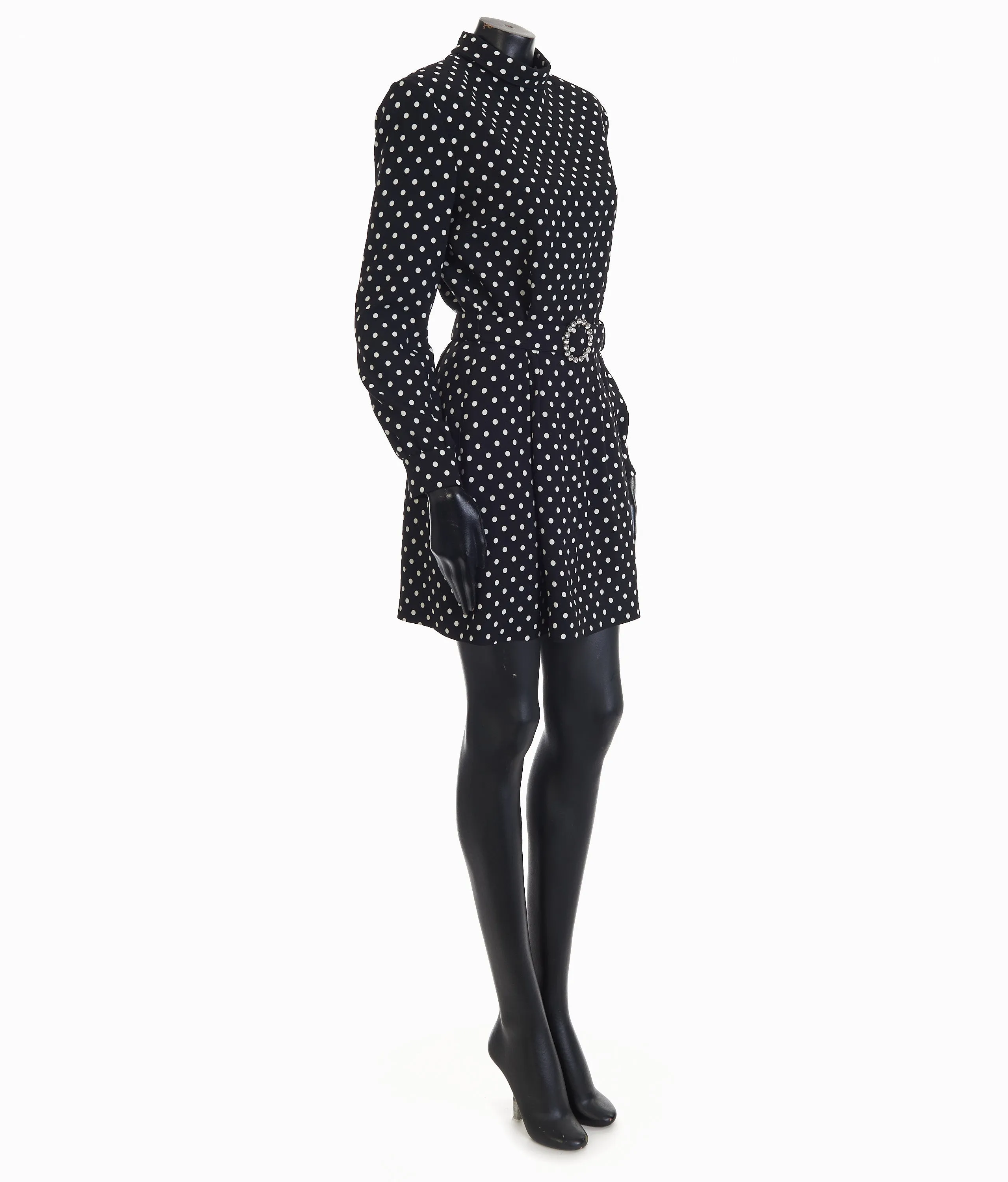 Black Short Polka Dot Dress - Crystal Embellished Belt