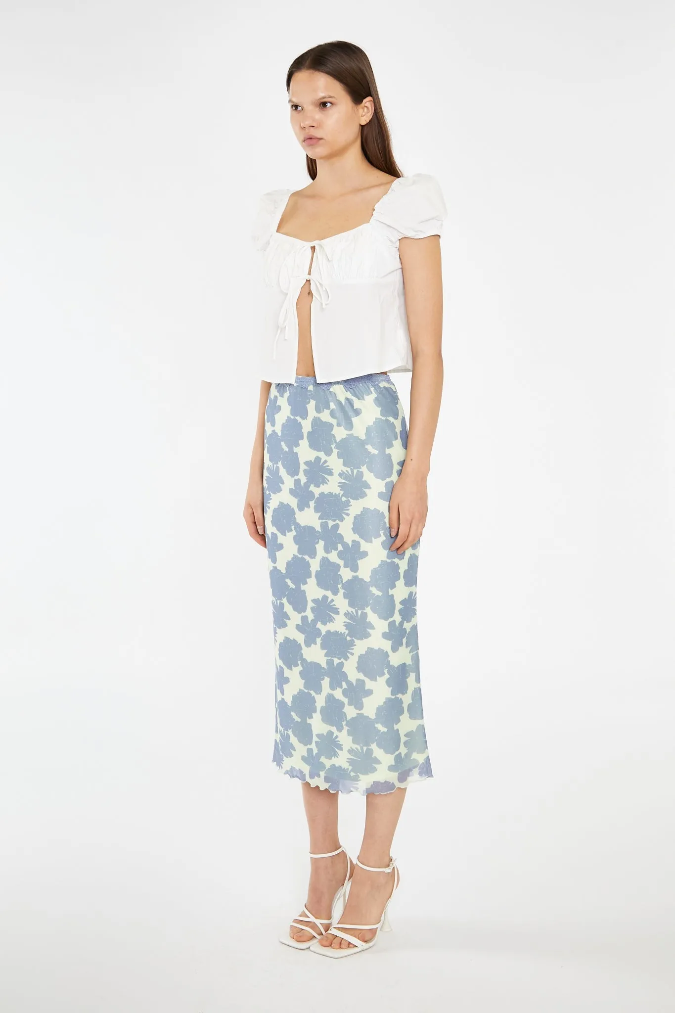 Blue-Green Floral Mesh Lace-Trim Midi-Skirt