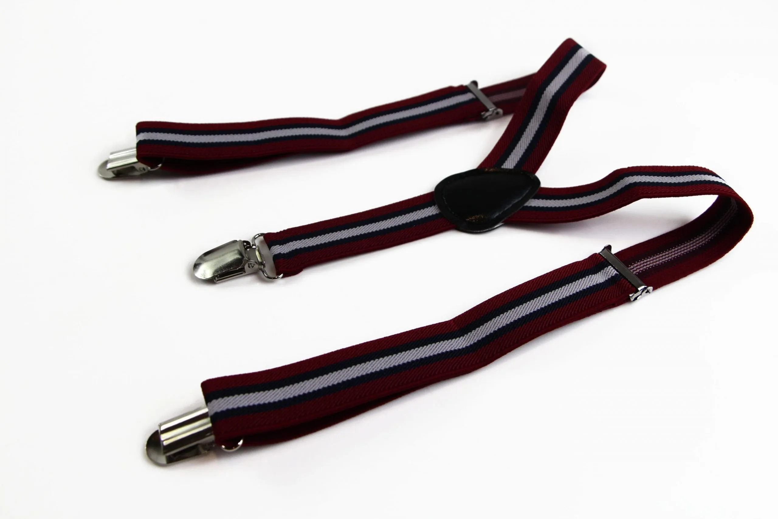 Boys Adjustable Maroon, Navy & White Striped Patterned Suspenders