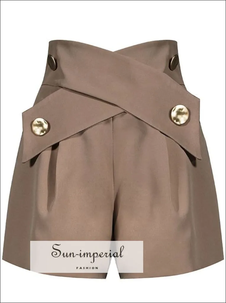 Brown Elegant Women High Waist Shorts Loose Cut with Cross Golden Button detail