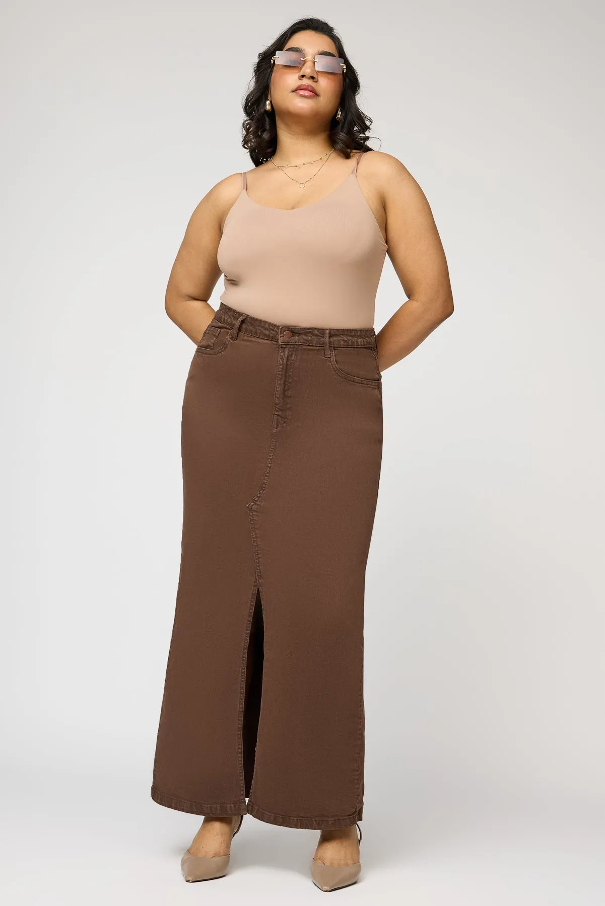 Brown Glam Front Slit Curve Midi Skirt