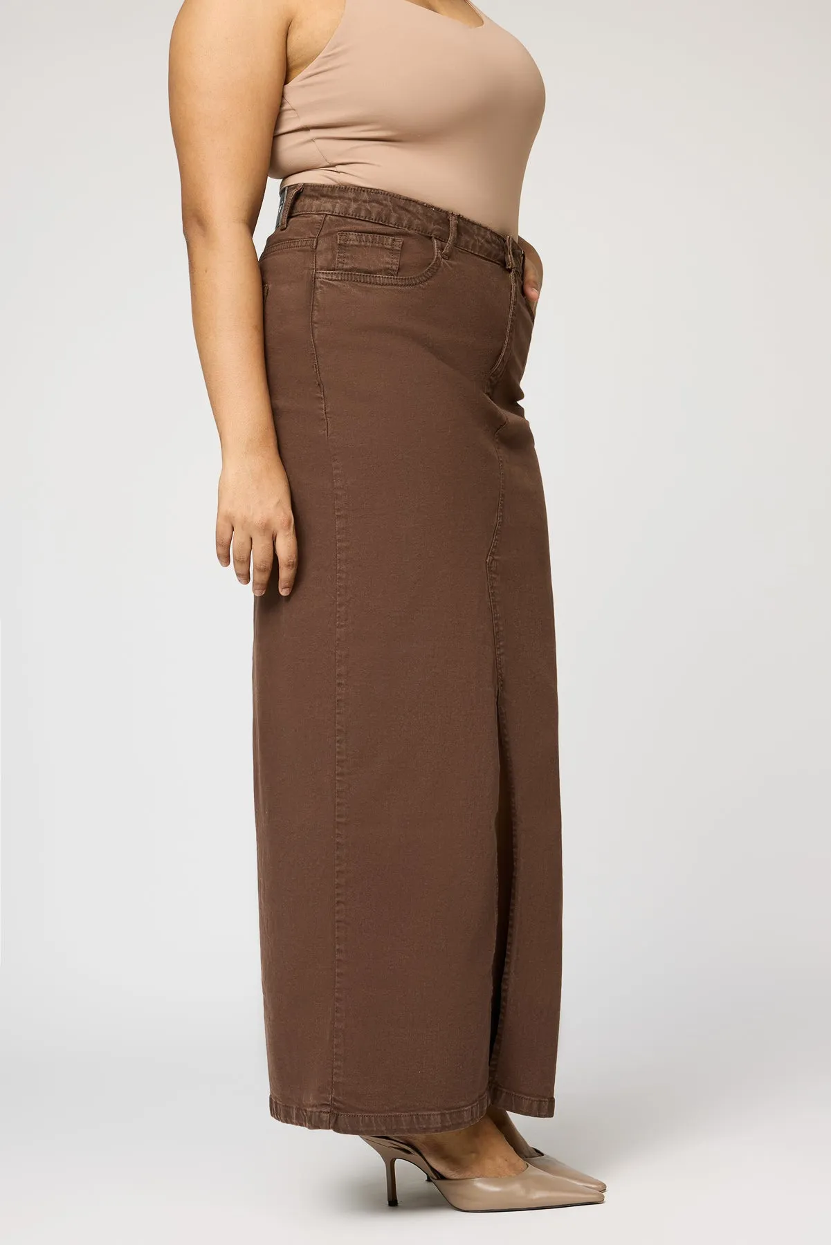 Brown Glam Front Slit Curve Midi Skirt