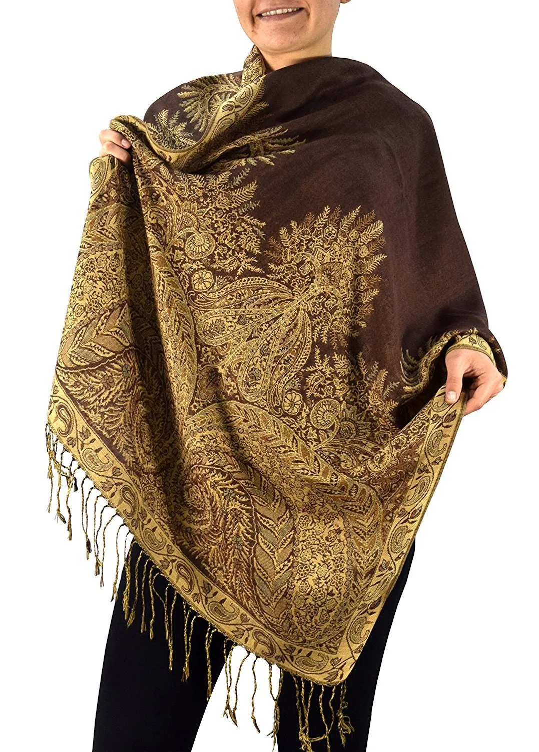 Brown Peach Couture 27x72 Elegant Paisley Border Pattern Pashmina Shawl Scarf