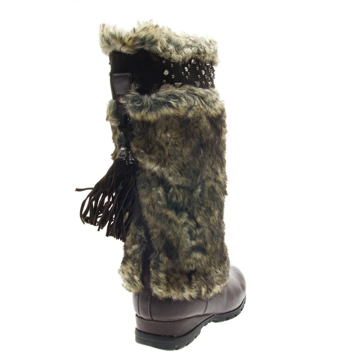 Brown Vegan Fur Rivet Studded Flat Mukluk Outdoor Boots