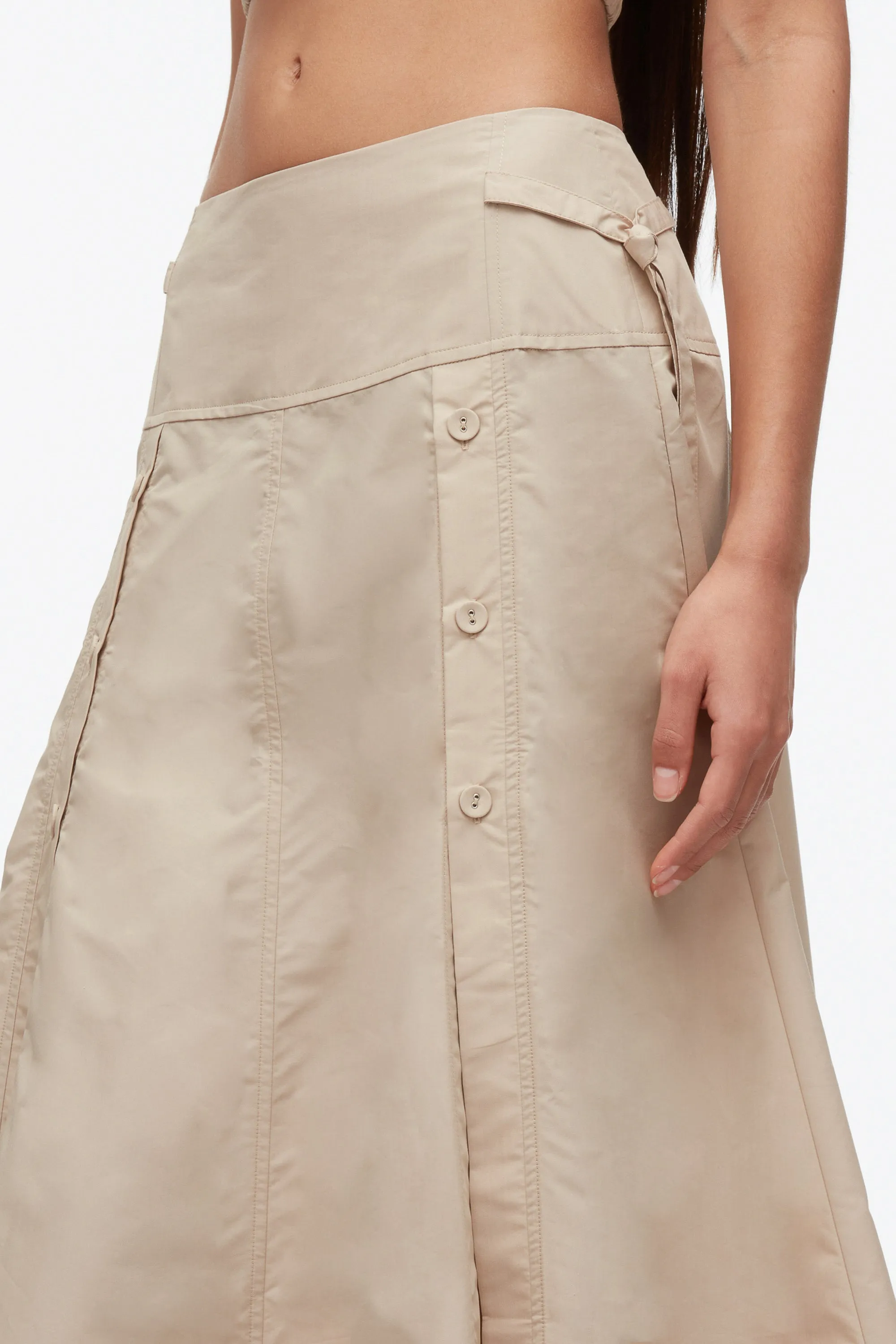 Button Front Tie Waist Midi Skirt