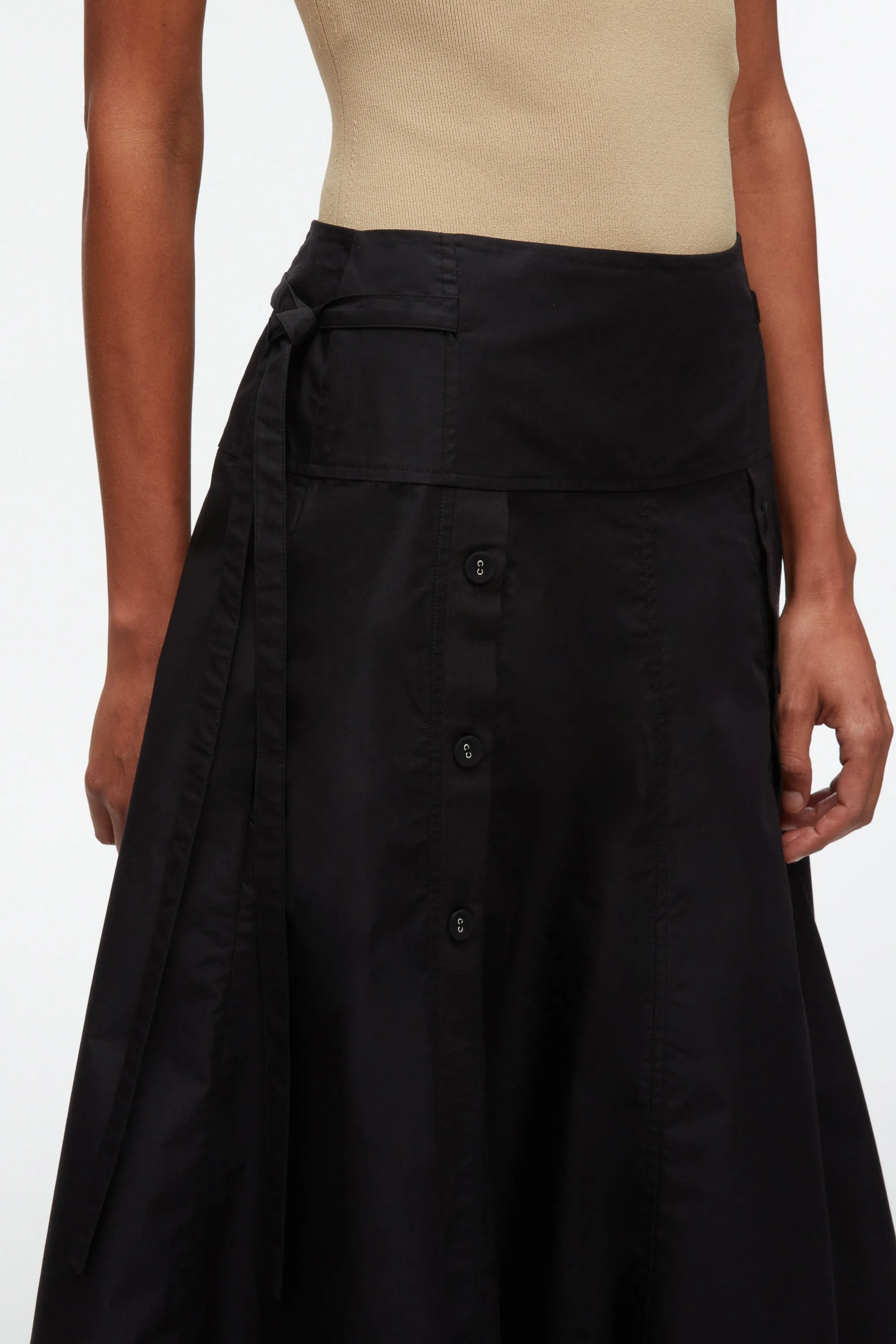 Button Front Tie Waist Midi Skirt