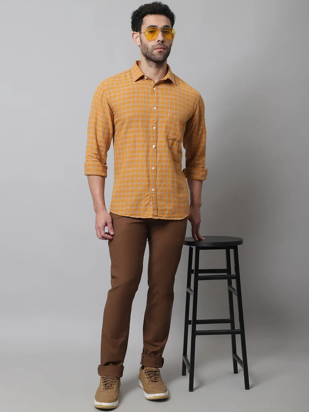 Cantabil Cotton Blend Mustard Checkered Full Sleeve Casual Shirt for Men with Pocket