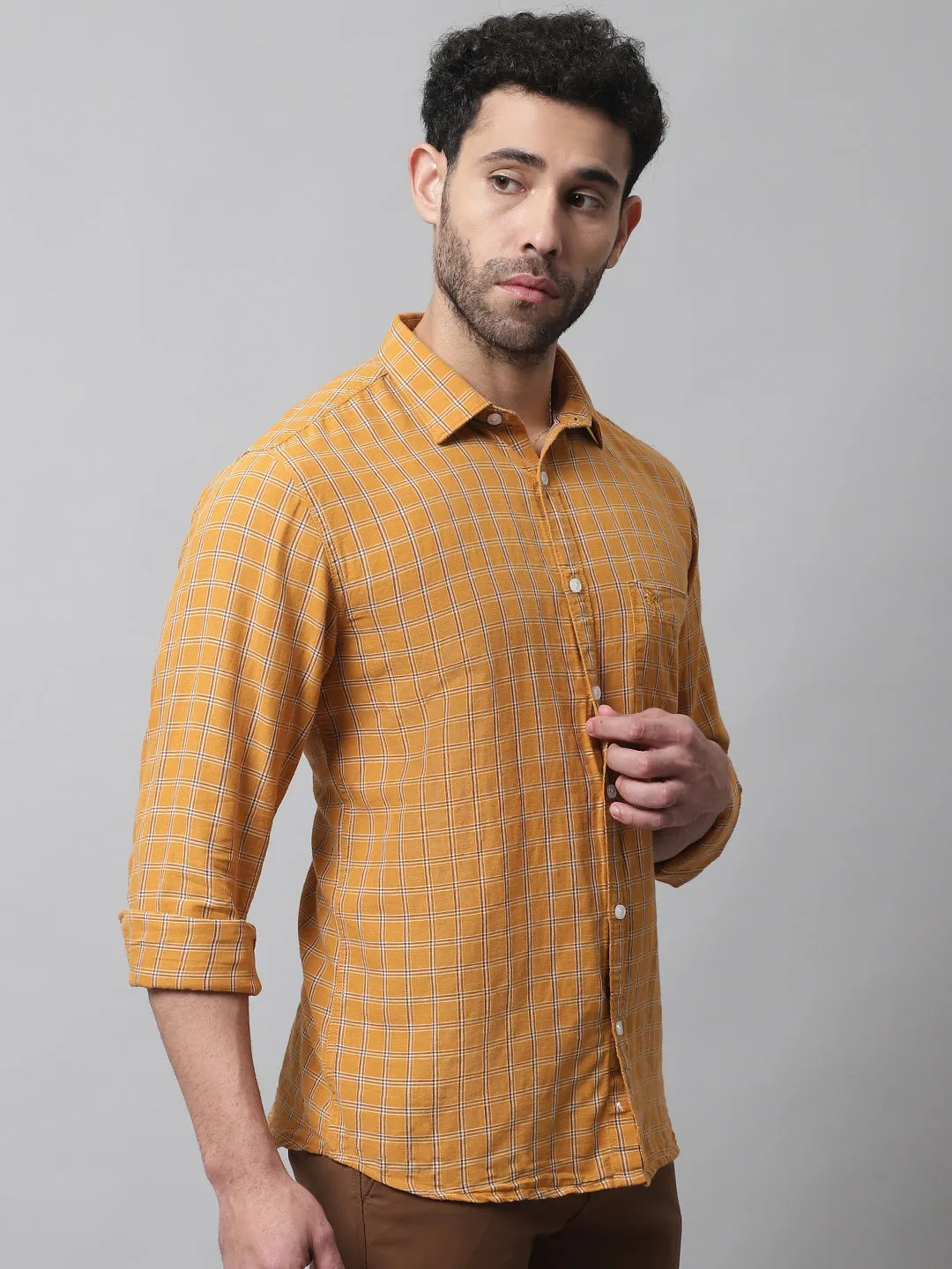 Cantabil Cotton Blend Mustard Checkered Full Sleeve Casual Shirt for Men with Pocket