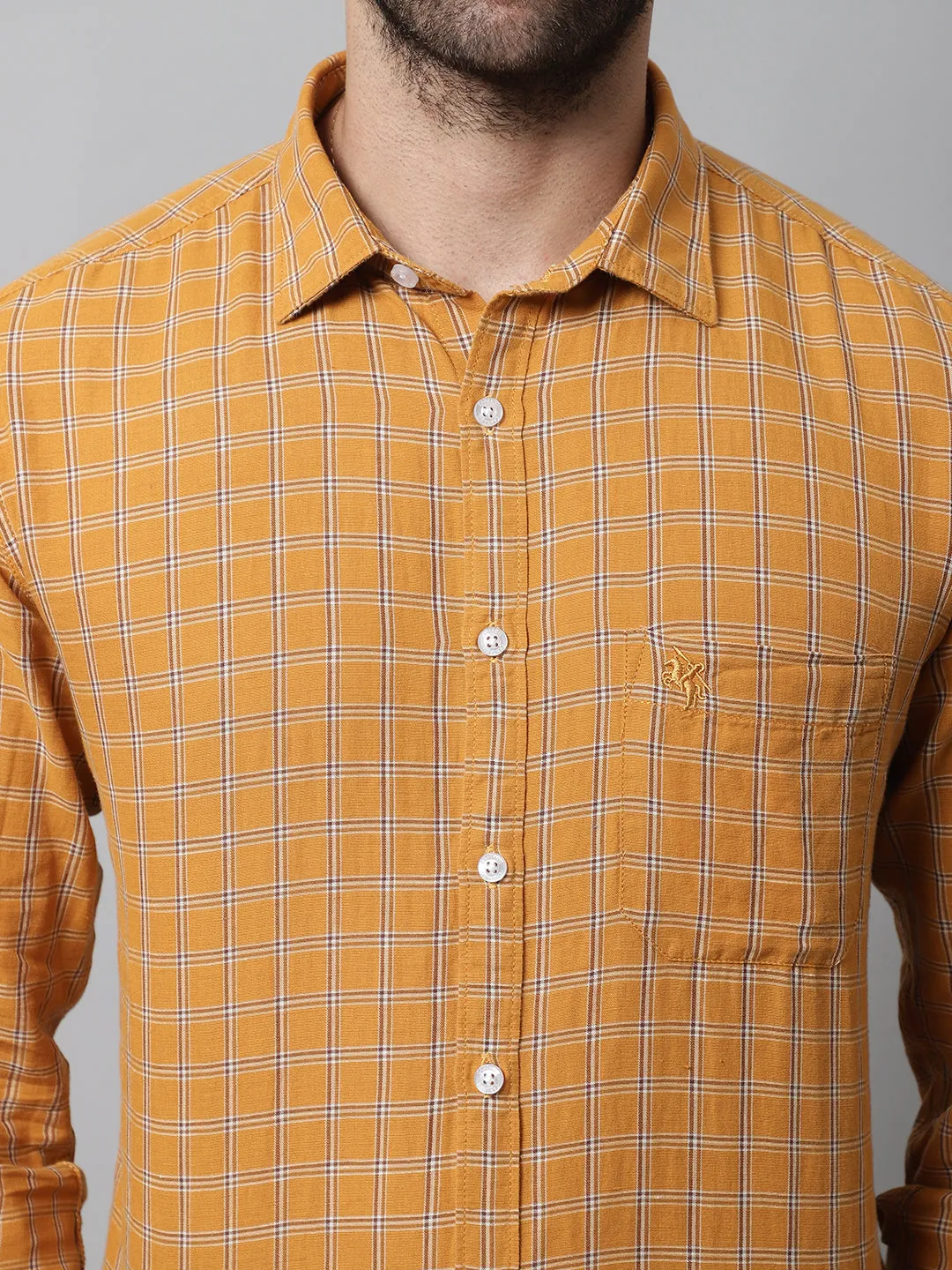 Cantabil Cotton Blend Mustard Checkered Full Sleeve Casual Shirt for Men with Pocket