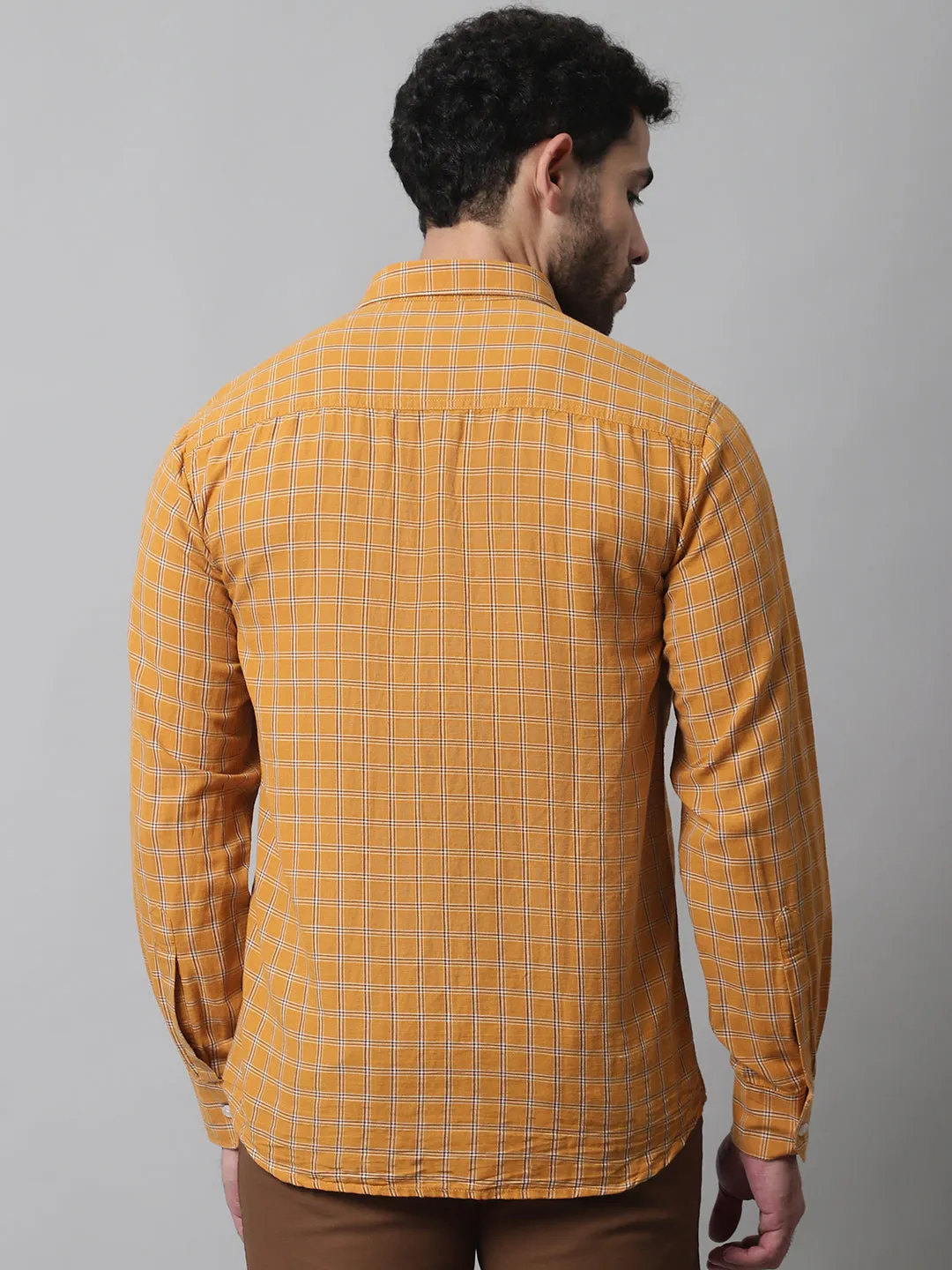 Cantabil Cotton Blend Mustard Checkered Full Sleeve Casual Shirt for Men with Pocket