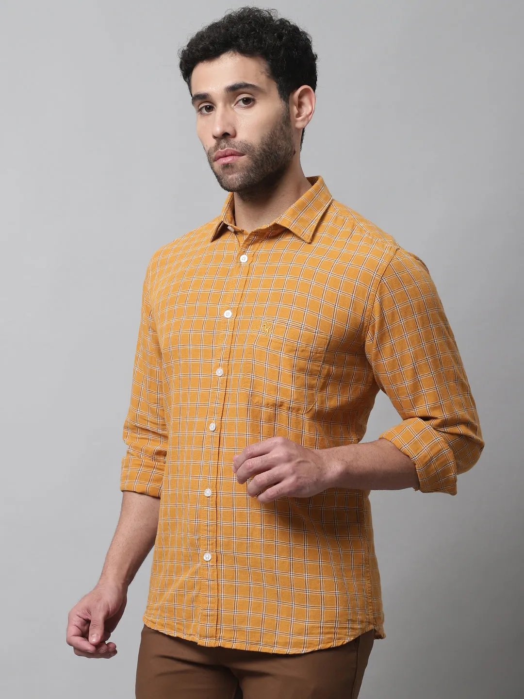 Cantabil Cotton Blend Mustard Checkered Full Sleeve Casual Shirt for Men with Pocket