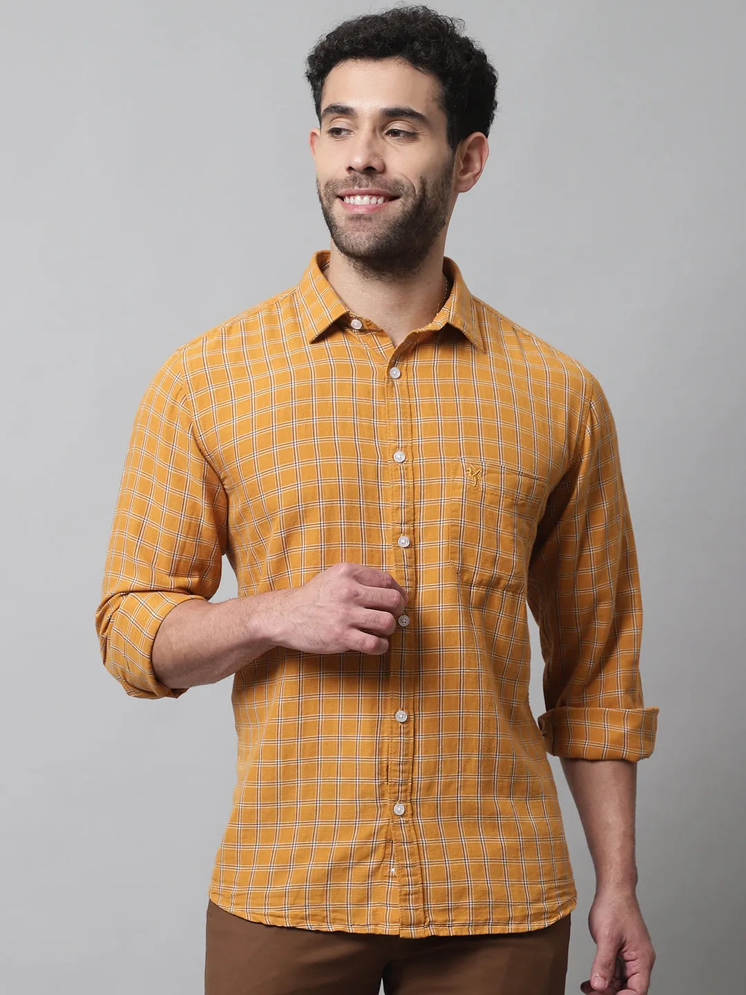 Cantabil Cotton Blend Mustard Checkered Full Sleeve Casual Shirt for Men with Pocket