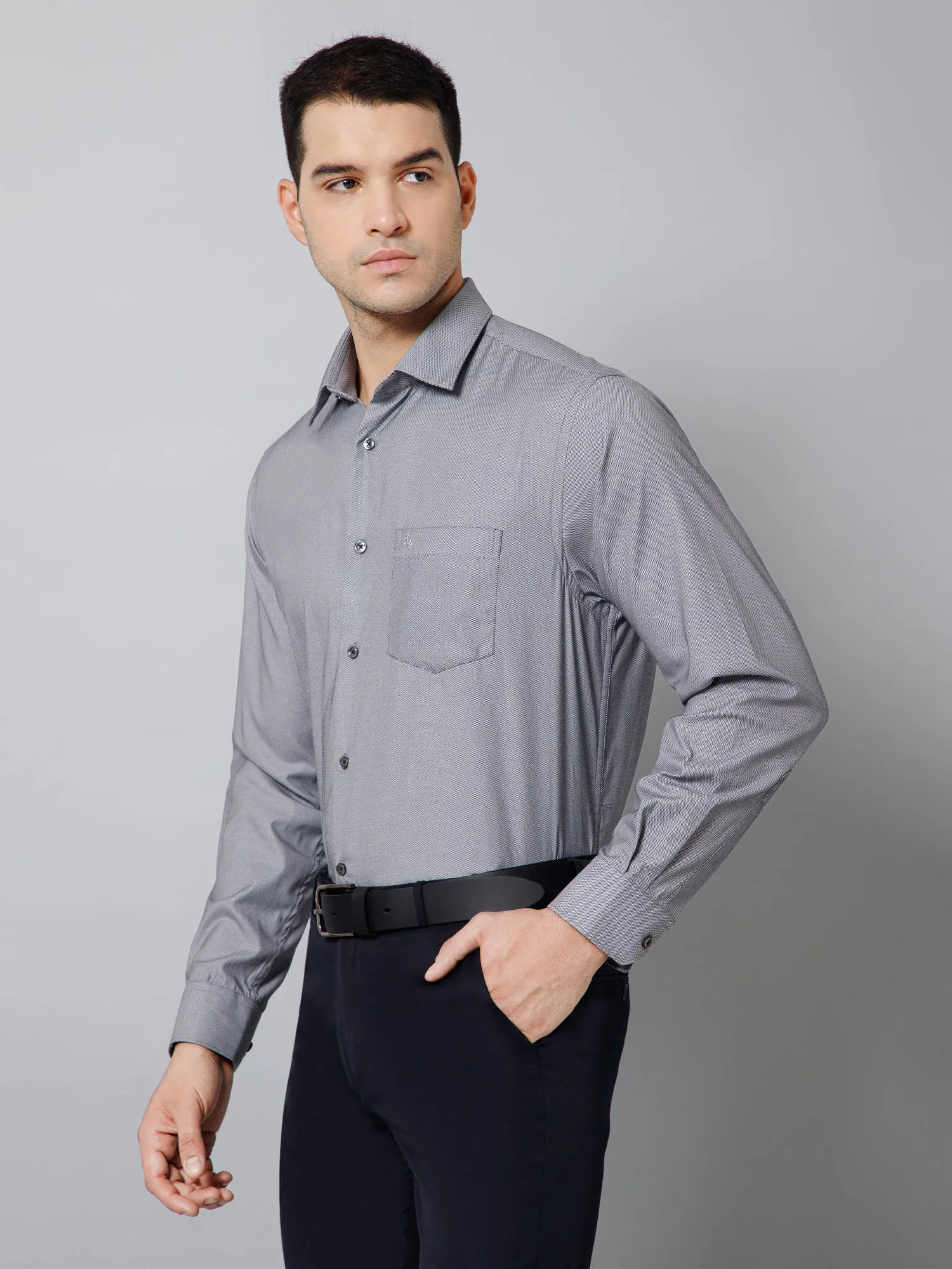 Cantabil Cotton Blend Self Design Full Sleeve Regular Fit Grey Formal Shirt for Men with Pocket