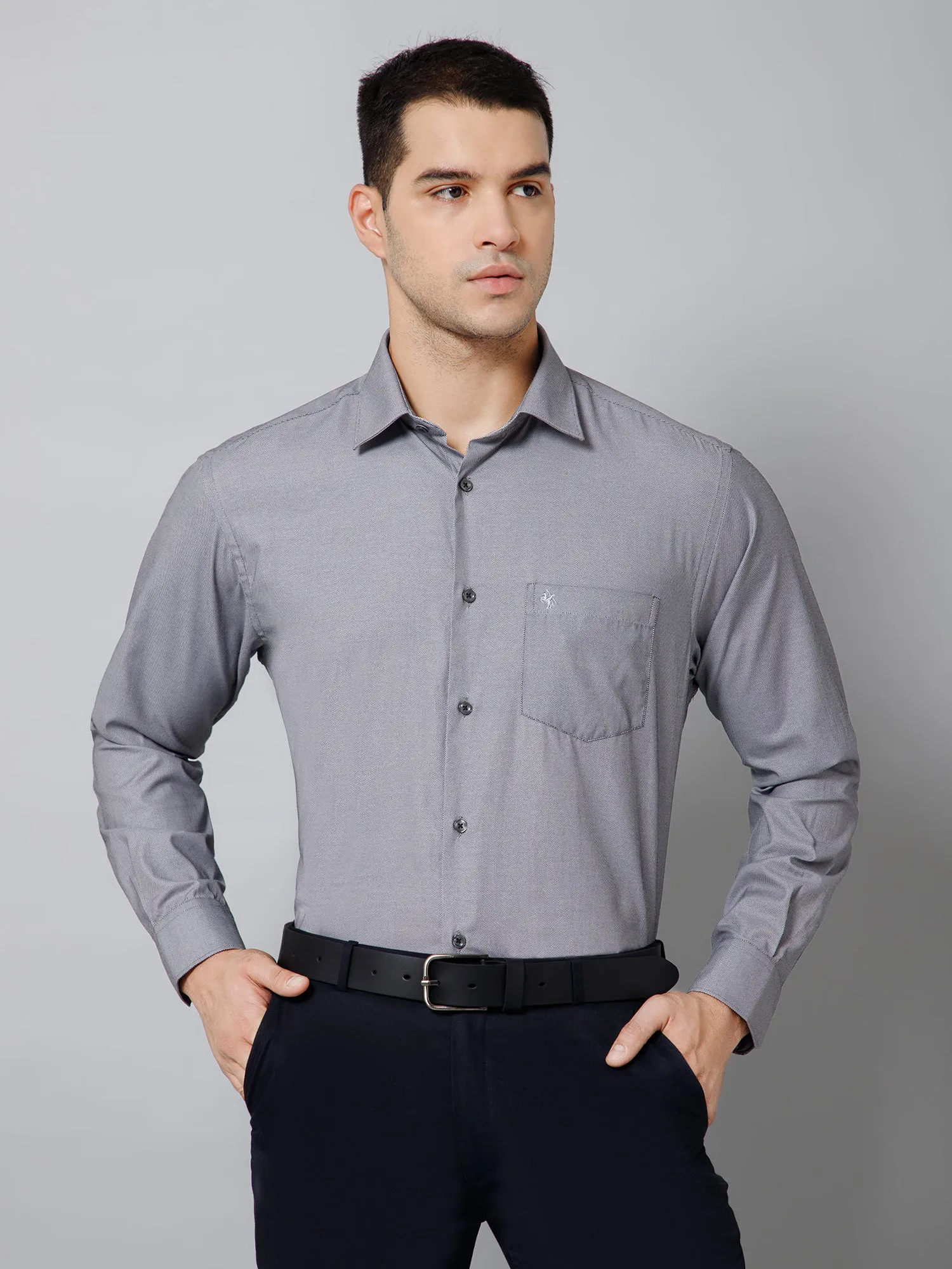 Cantabil Cotton Blend Self Design Full Sleeve Regular Fit Grey Formal Shirt for Men with Pocket