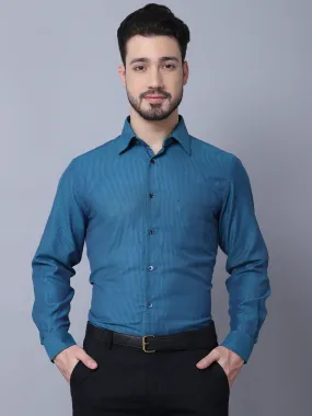 Cantabil Cotton Blend Striped Turquoise Blue Full Sleeve Regular Fit Formal Shirt for Men with Pocket