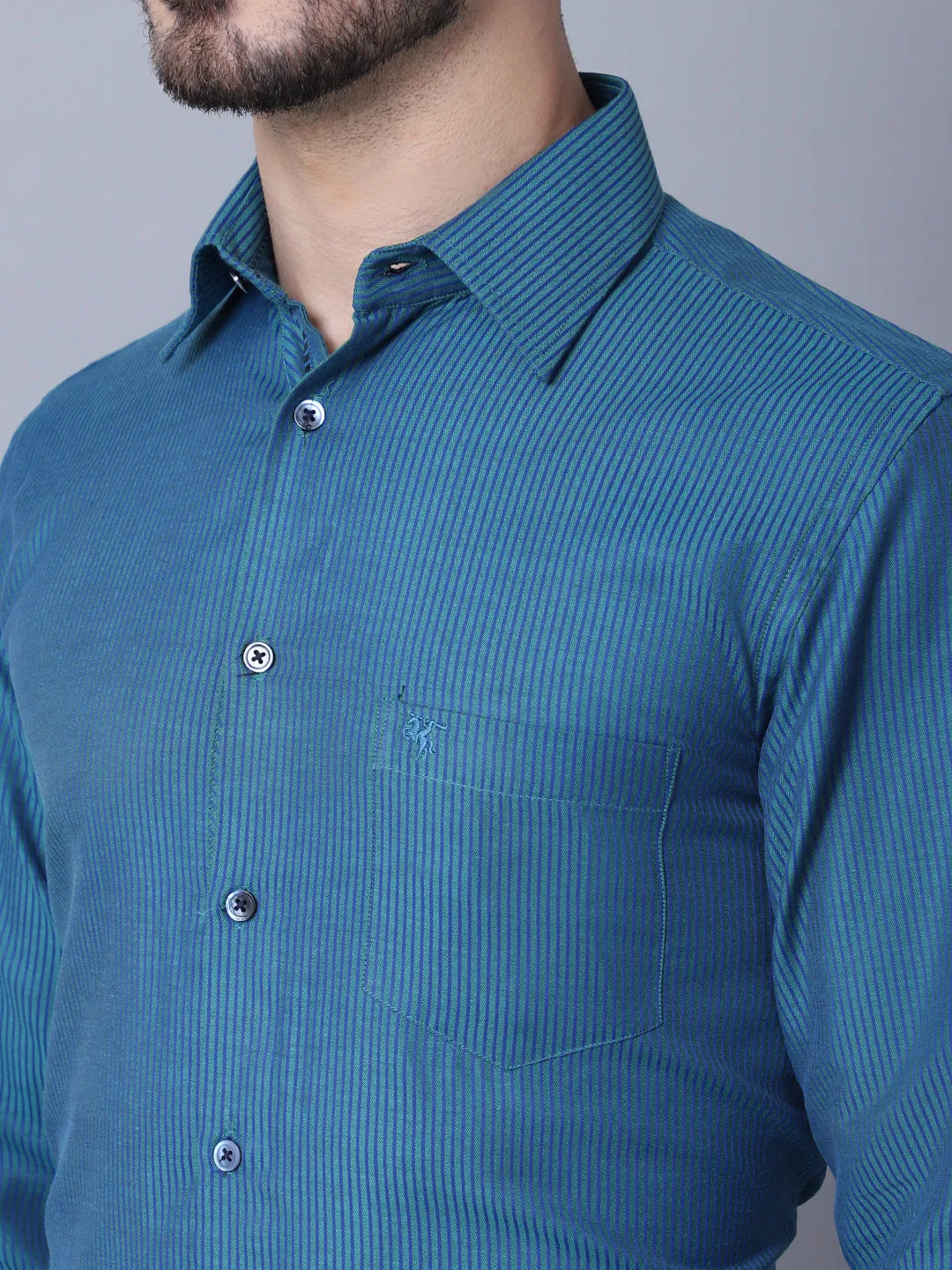 Cantabil Cotton Blend Striped Turquoise Blue Full Sleeve Regular Fit Formal Shirt for Men with Pocket