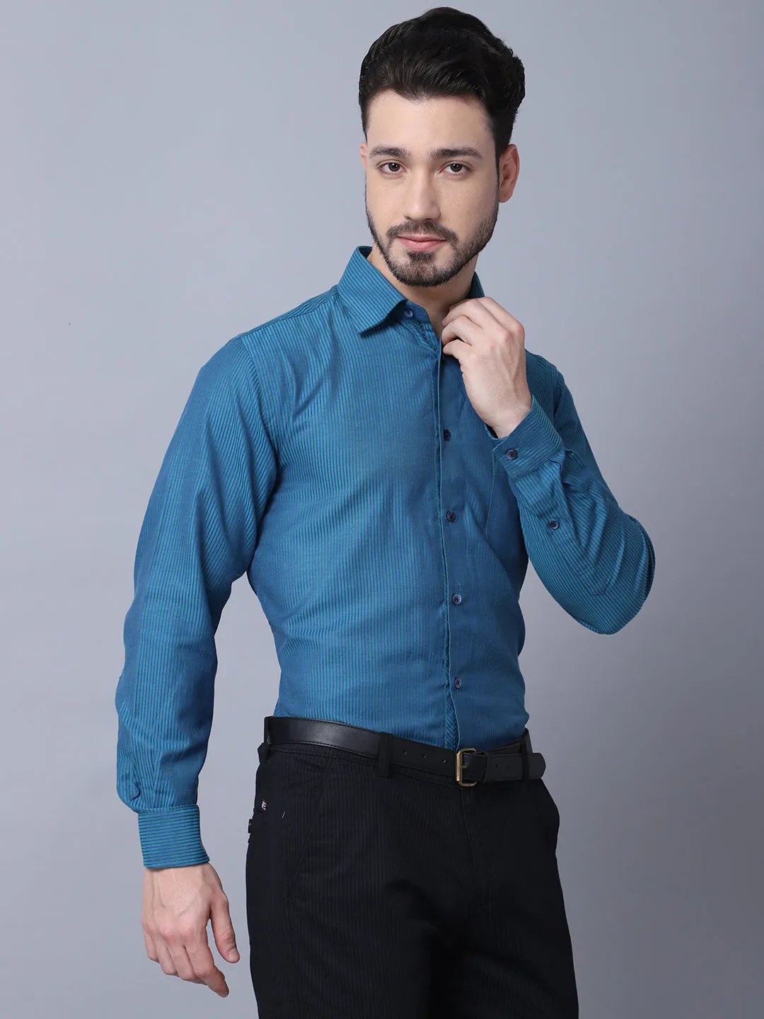 Cantabil Cotton Blend Striped Turquoise Blue Full Sleeve Regular Fit Formal Shirt for Men with Pocket