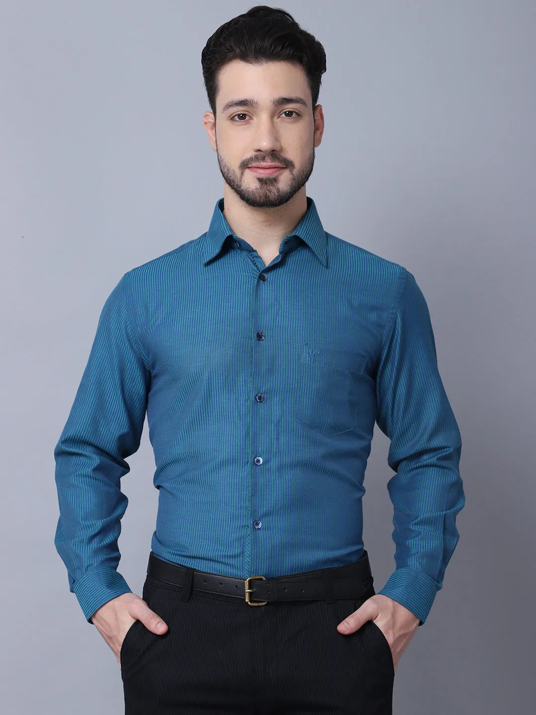 Cantabil Cotton Blend Striped Turquoise Blue Full Sleeve Regular Fit Formal Shirt for Men with Pocket