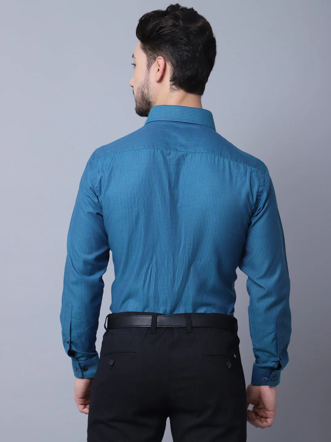 Cantabil Cotton Blend Striped Turquoise Blue Full Sleeve Regular Fit Formal Shirt for Men with Pocket