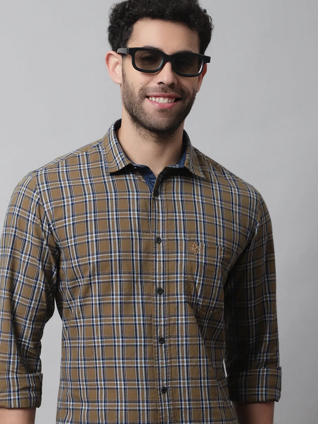 Cantabil Cotton Checkered Khaki Full Sleeve Casual Shirt for Men with Pocket