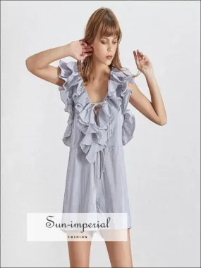 Clara Romper - Casual Striped Playsuit Women V Neck Sleeveless off Shoulder High Waist Ruffle