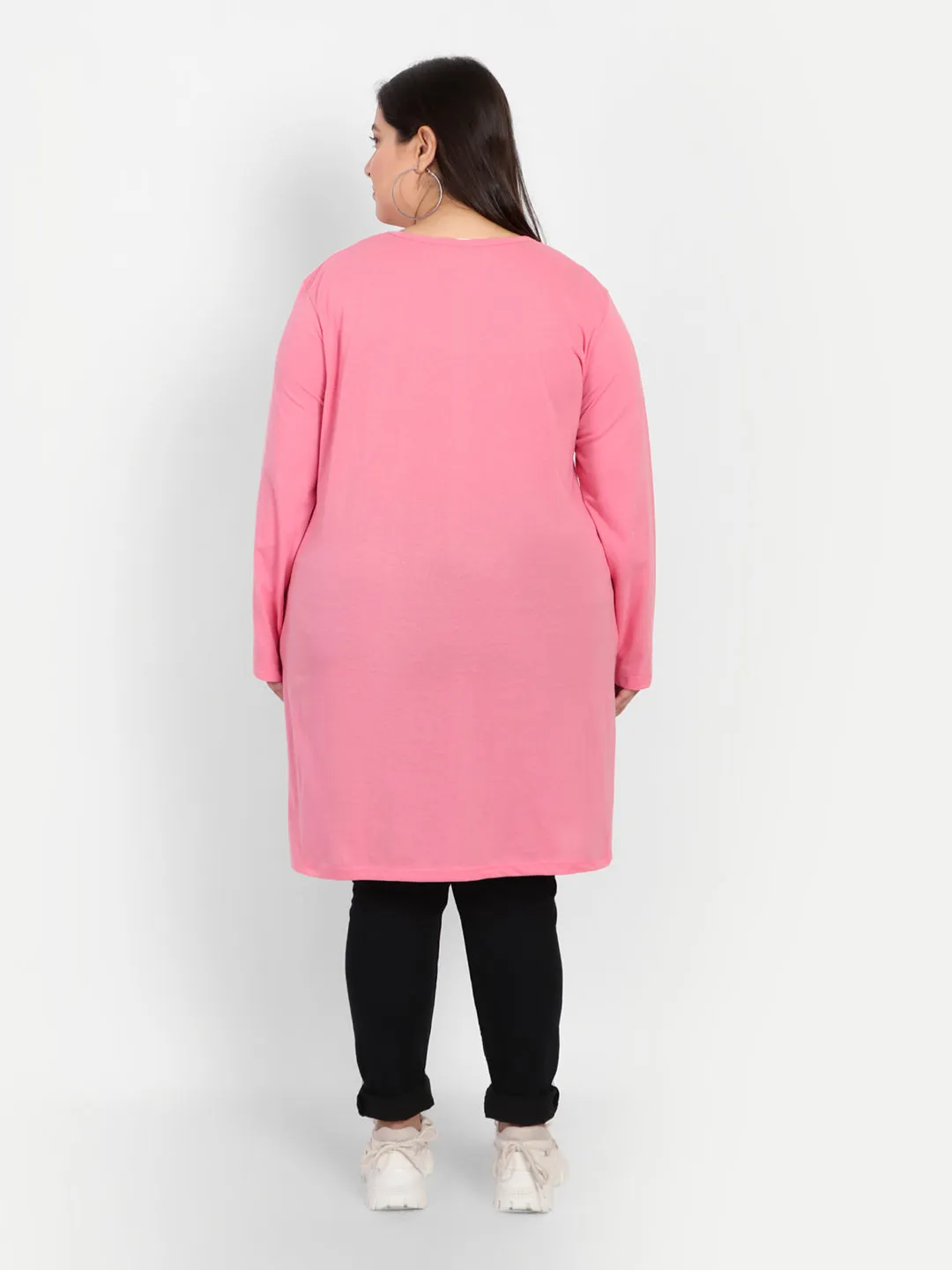 Cotton Long Top for Women Plus Size - Full Sleeve - Pink