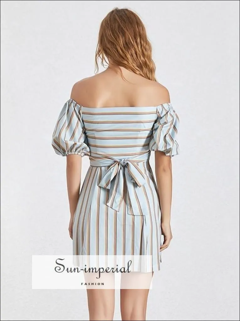 Cybil Dress - Casual Striped Dress for Women Asymmetrical Collar Half Sleeve High Waist Hit Color