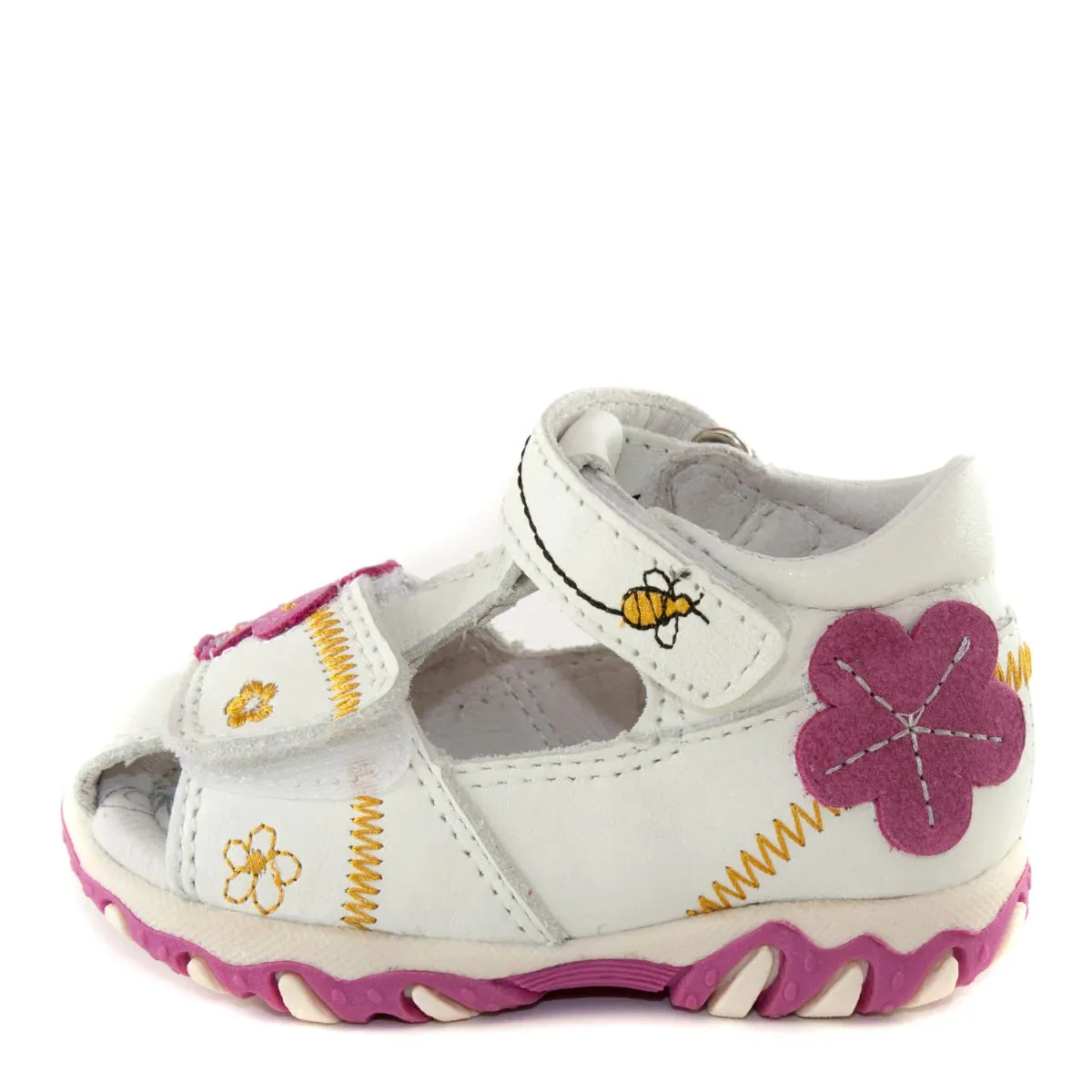 D.D. Step Girls Sandals White With Bees And Flower - Supportive Leather Shoes From Europe Kids Orthopedic