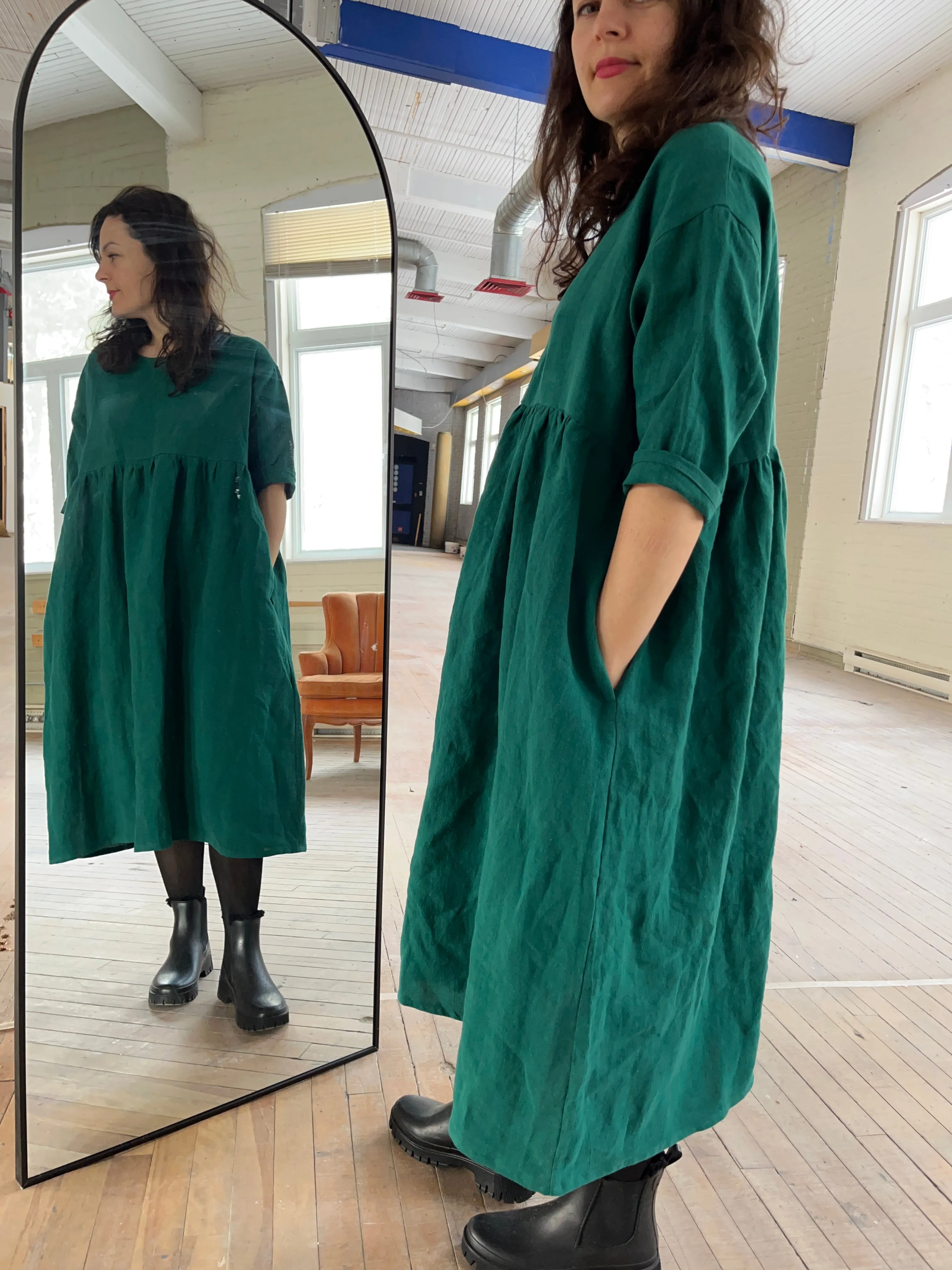 Emerald linen midi dress