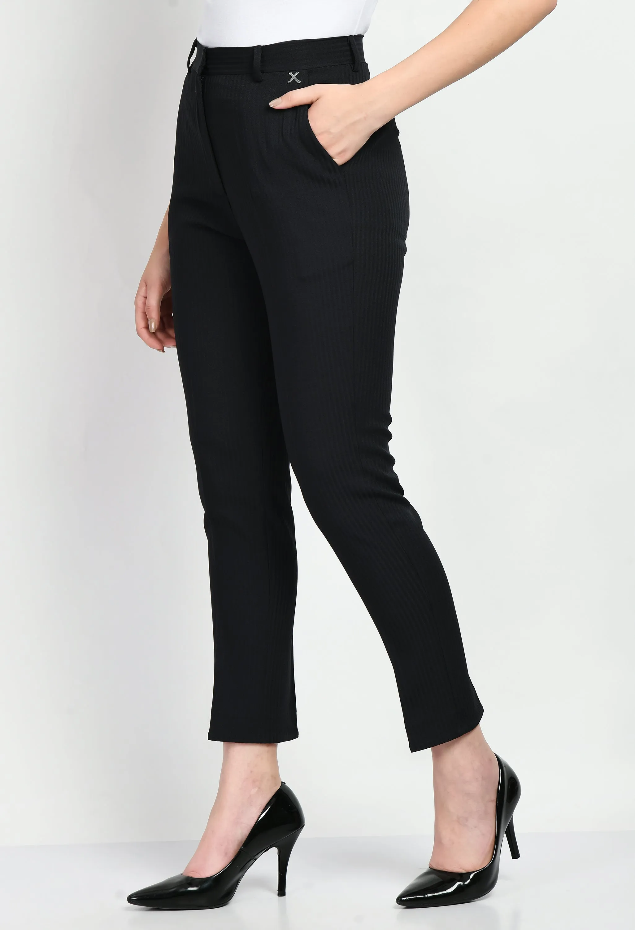 Exude Fearlessness Striped Short Blazer Pant Suit (Navy)