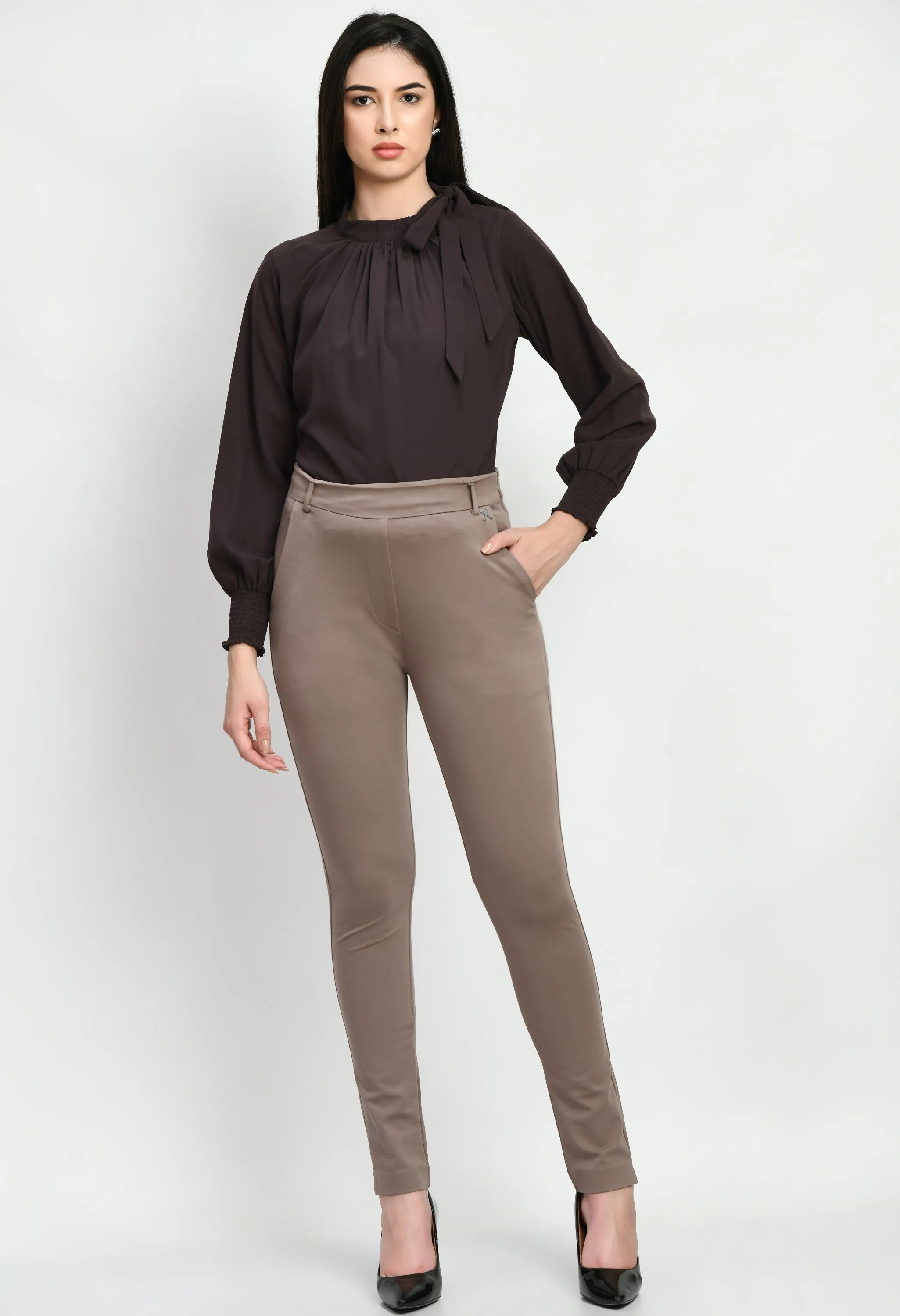 Exude Respect Solid 4 Way Stretch Slim Trousers (Camel Beige)