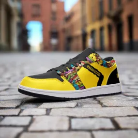 Freaky Shoes® Black & Yellow Freestyle Art Unisex Low Top Leather Sneakers