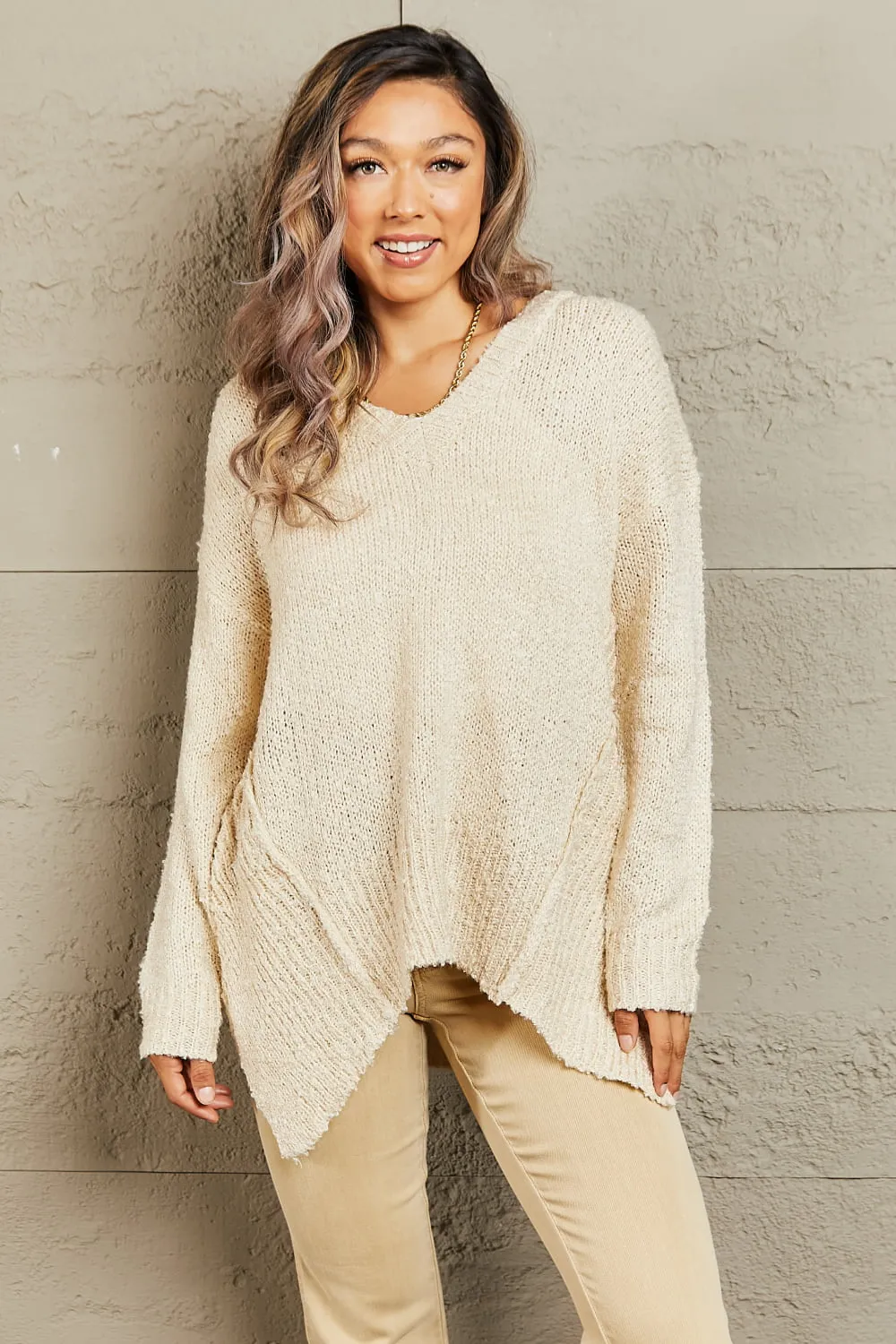 Full Size Draped Detail Knit Sweater