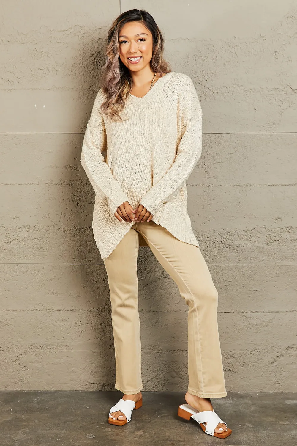 Full Size Draped Detail Knit Sweater