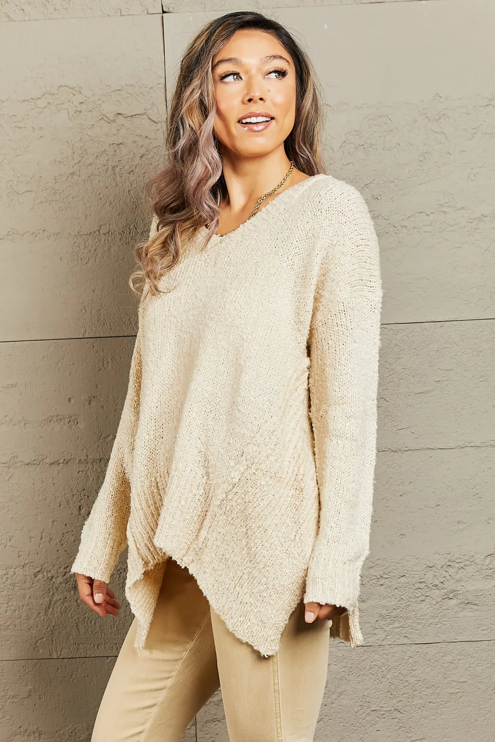 Full Size Draped Detail Knit Sweater