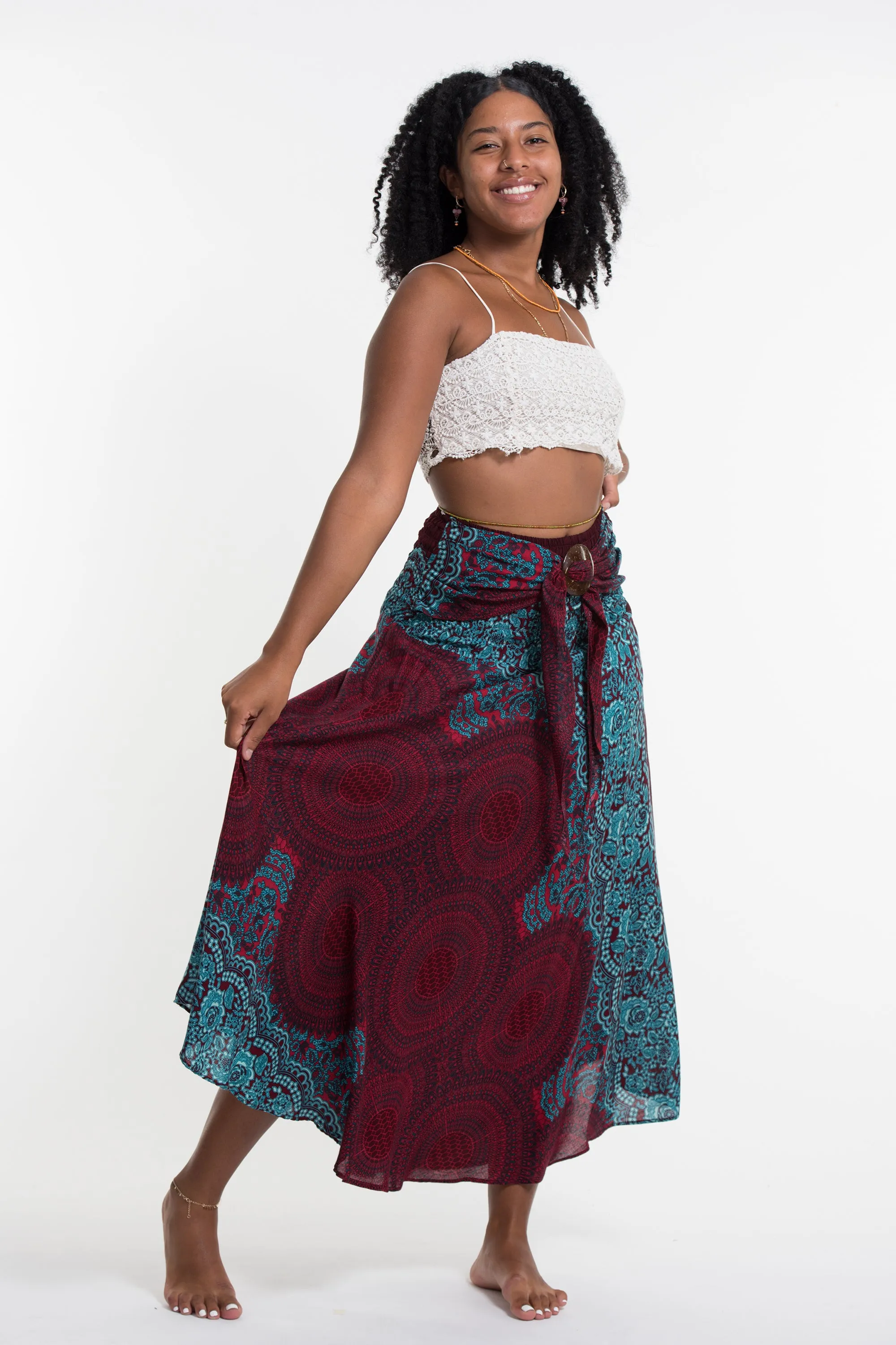 Geometric Mandalas Handkerchief Midi Skirt in Red