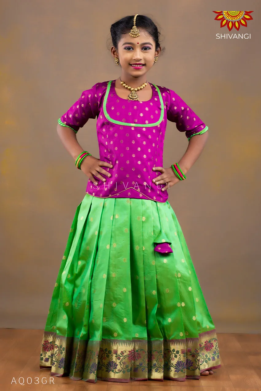 Girls Green Silk Paithani Pattu Pavadai