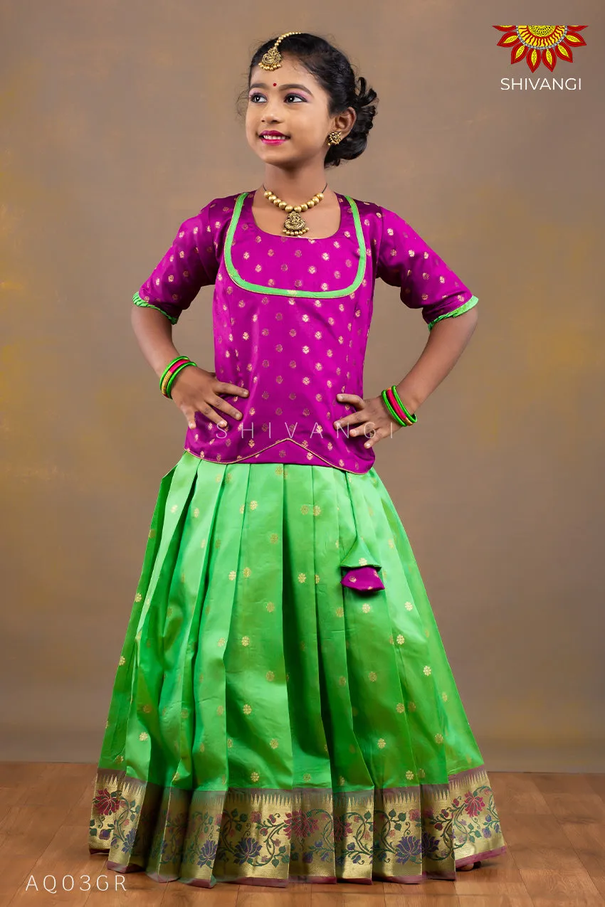 Girls Green Silk Paithani Pattu Pavadai